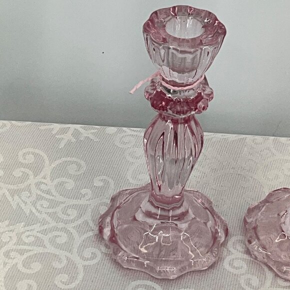 Pink Glass Talking Tables Candle Holders 5.5" Tall Set/2 - Picture 2 of 5